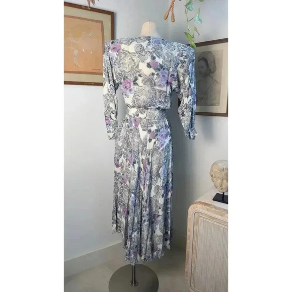 VTG 80s Floral Button Up Midi Dress Purple Rose Pattern Cottagecore style - Picture 8 of 8